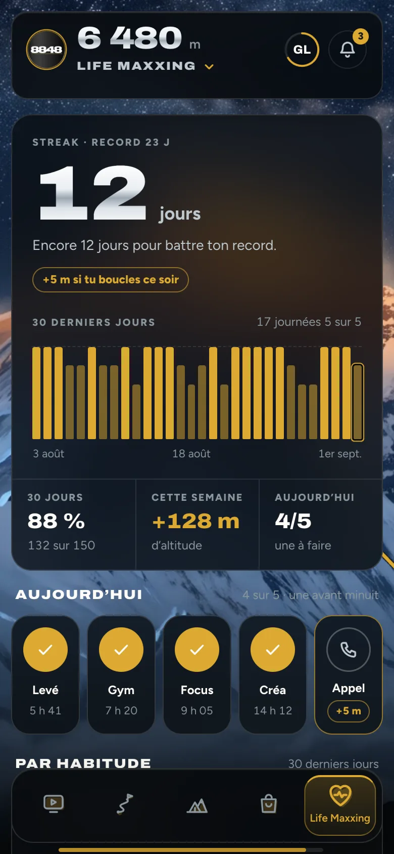 L’écran Life Maxxing de l’app 8848